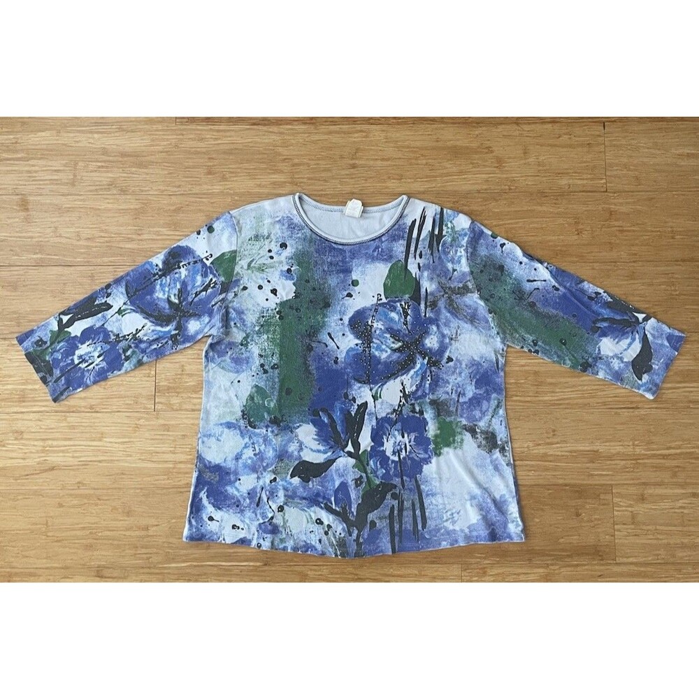 Jess & Jane Midnight Floral Top Womens XL Blue 3/4 Sleeve Rhinestone Tee